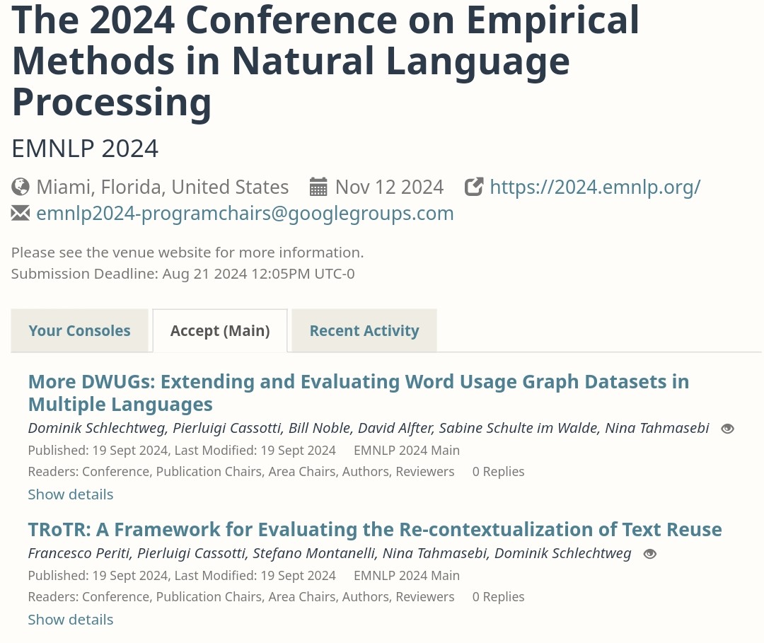 Pierluigi Cassotti (@p_cassotti) on Twitter photo 🎉 Thrilled to announce that two of our papers have been accepted to #EMNLP2024! Get ready for fresh insights into Lexical Semantic Change annotation and an innovative framework for Text Reuse annotation. <a href="/PeritiFrancesco/">Francesco Periti</a> 🎉 Thrilled to announce that two of our papers have been accepted to #EMNLP2024! Get ready for fresh insights into Lexical Semantic Change annotation and an innovative framework for Text Reuse annotation. <a href="/PeritiFrancesco/">Francesco Periti</a>