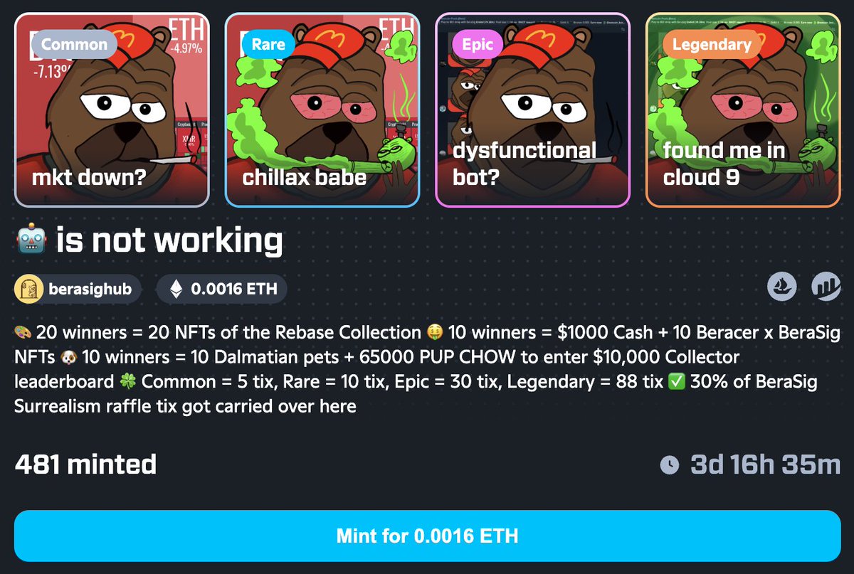 Beraji ๐ปโ๏ธ๐ (@berajibears) on Twitter photo ๐จ You want the Rebase NFTs? ๐จ
Hereโs whatโs waiting for youโtry your luck and dive into Raffle Mint 2: BOT IS NOT WORKING ๐ค๐ฅ
create.party.app/mint/base/0x64โฆ
๐ Prize Pool Breakdown ๐
๐จ The Rebase Collection NFTs (20 winners) ๐จ
Score yourself 1 Rebase NFT
๐ค $1000 Cash + 10 ๐จ You want the Rebase NFTs? ๐จ
Hereโs whatโs waiting for youโtry your luck and dive into Raffle Mint 2: BOT IS NOT WORKING ๐ค๐ฅ
create.party.app/mint/base/0x64โฆ
๐ Prize Pool Breakdown ๐
๐จ The Rebase Collection NFTs (20 winners) ๐จ
Score yourself 1 Rebase NFT
๐ค $1000 Cash + 10