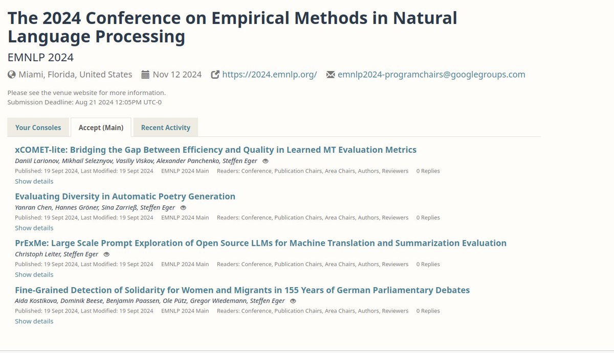 NLLG (@nllg_lab) on Twitter photo 🚀🚀🚀 We're happy to announce that we have 4/4 main papers accepted at #EMNLP2024!! +1 CL journal paper to be presented at EMNLP.
Congrats to all co-authors, including <a href="/Rexhaif/">Daniil Larionov</a>, @chrleiter, <a href="/ccccahhh/">cyr</a>, <a href="/aidalovegood/">Aida Kostikova</a>, <a href="/yyrrss2021/">RZhang</a> + @bpaassen1, <a href="/sinazarriess/">Sina Zarrieß</a>, <a href="/grenwi1/">Gregor Wiedemann | @grenwi1@mastodon.world</a> 🚀🚀🚀 We're happy to announce that we have 4/4 main papers accepted at #EMNLP2024!! +1 CL journal paper to be presented at EMNLP.
Congrats to all co-authors, including <a href="/Rexhaif/">Daniil Larionov</a>, @chrleiter, <a href="/ccccahhh/">cyr</a>, <a href="/aidalovegood/">Aida Kostikova</a>, <a href="/yyrrss2021/">RZhang</a> + @bpaassen1, <a href="/sinazarriess/">Sina Zarrieß</a>, <a href="/grenwi1/">Gregor Wiedemann | @grenwi1@mastodon.world</a>