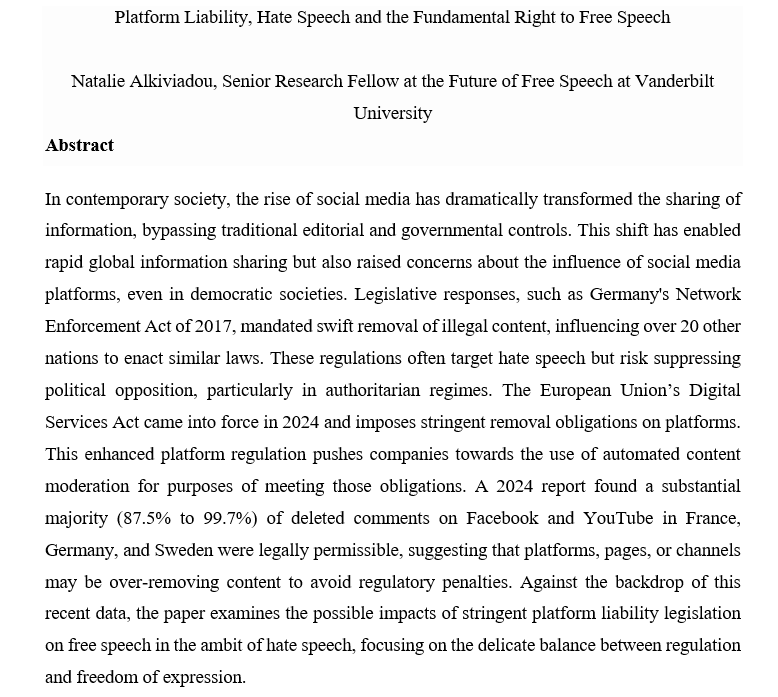 NatalieAlk's tweet photo. Delighted that my new article on #platformliability #HateSpeech and #FreeSpeech will by published by Taylor and Francis' Information & Communications Technology Law.
Will be sharing soon! https://t.co/aSzoBneamr