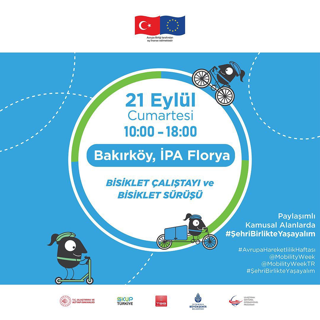 MobilityWeekTR's tweet photo. Yarın bisiklet severler buluşuyor! 
10.00-18.00'de İPA Hangar'da Bisiklet Çalıştayı ve 16.30'da Florya’dan Yeşilköy’e keyifli bir bisiklet turu seni bekliyor!
@skupturkiye 
@EUDelegationTur 
#ŞehriBirlikteYaşayalım
#AvrupaHareketlilikHaftası
#MobilityWeek
#SharedPublicSpace
@TBB https://t.co/HgqcnBJxXL