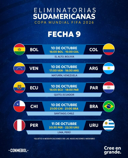 VSportsTM's tweet photo. Así se jugarán las fechas 9 y 10 de las Eliminatorias Sudamericanas para el Mundial 2026 🏆⚽️.

📸 @CONMEBOL https://t.co/av2UESWofp
