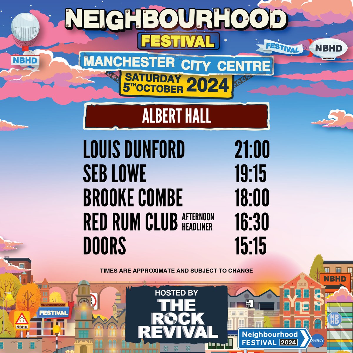 And here we have it... The Albert Hall line up for NBHD24, hosted by <a href="/TheRockRevival_/">The Rock Revival</a> !
<a href="/LouisDunford/">Louis Dunford</a> , <a href="/Seb_lowe_music/">Seb Lowe</a> , <a href="/brookecombe/">Brooke Combe</a> , and <a href="/RedRumClub/">Red Rum Club</a>  will all be performing at <a href="/Alberthallmcr/">Albert Hall</a>  and we cannot wait 🤩! More timings revealed this week..