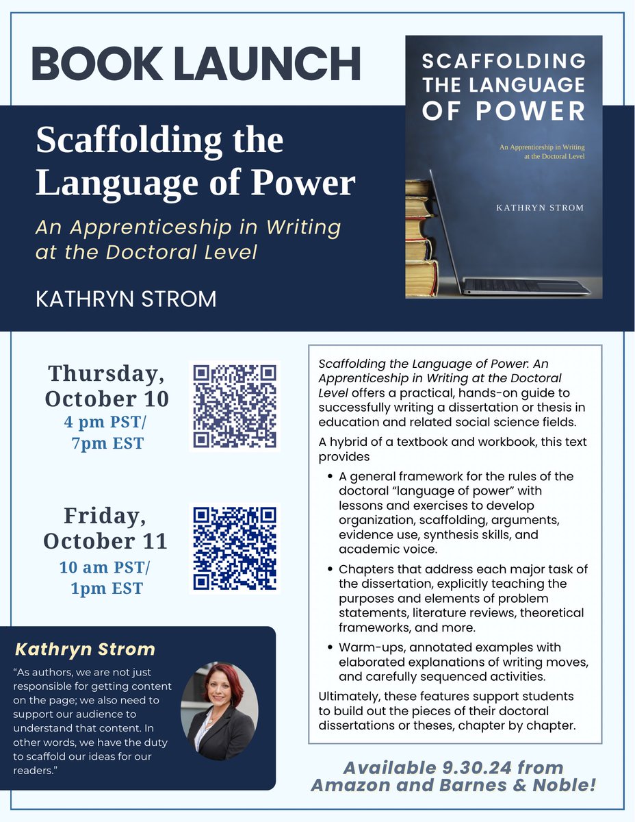 #booklaunch for Scaffolding the Language of Power: An Apprenticeship in Writing at the Doctoral Level! 2 dates and times to accommodate friends from the US, Australia/NZ, and Europe. Come join! #AcademicWriting #AcademicSuccess #AcademicChatter #AcWri
