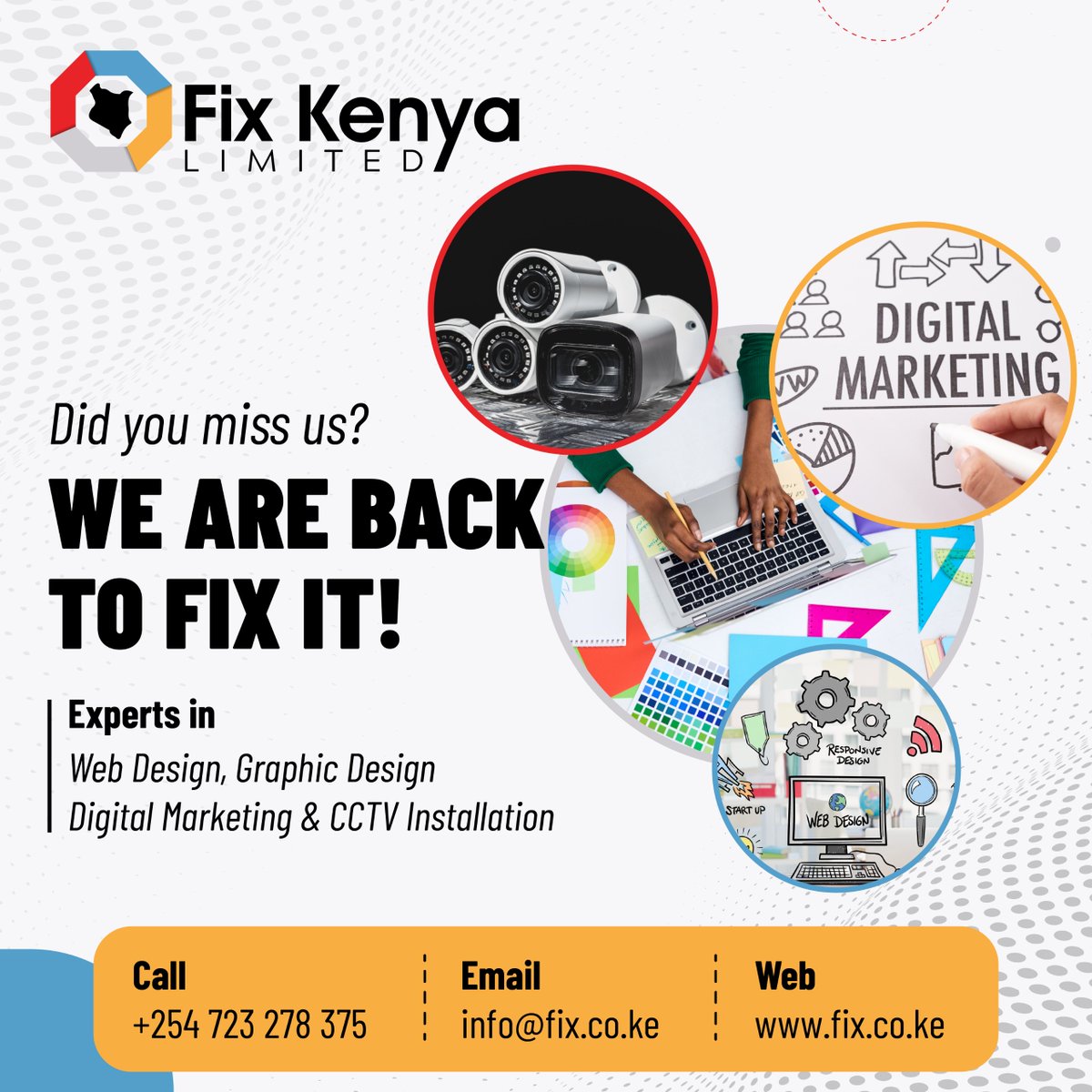 FixKenya's tweet image. Hello Fam', Happy Friday. It's been a whooole while since we checked in right?

Don't you worry, we are back to FIX IT!

Check us out at fix.co.ke

#WeFixIT #Marketing #CCTVinKenya #GraphicsDesignInKenya #WebsiteDesigninKenya