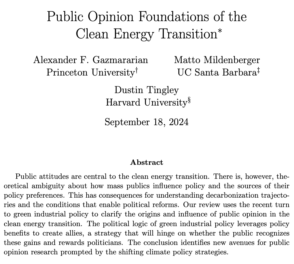 Alexander F. Gazmararian (@alexgazmararian) on Twitter photo Excited to share a new review paper with <a href="/mmildenberger/">Matto Mildenberger</a> <a href="/dustintingley/">Dustin Tingley</a>!
We use the IRA to explain the origin and effects of political attitudes about the energy transition 🌎🔌
We also chart research needs with the global green industrial policy turn
osf.io/preprints/osf/… Excited to share a new review paper with <a href="/mmildenberger/">Matto Mildenberger</a> <a href="/dustintingley/">Dustin Tingley</a>!
We use the IRA to explain the origin and effects of political attitudes about the energy transition 🌎🔌
We also chart research needs with the global green industrial policy turn
osf.io/preprints/osf/…
