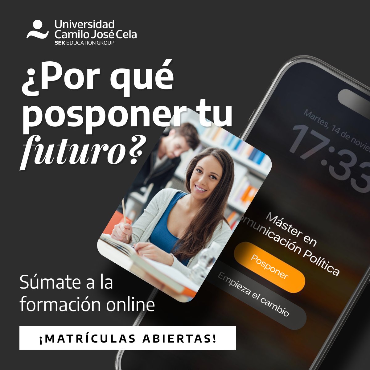gogosarasqueta's tweet photo. ¡No se pierdan la II edición del Máster oficial en comunicación política y empresarial (modalidad a distancia) de la Universidad Camilo José Cela!

Inscripciones 👉 https://t.co/EjUHEYAvEI https://t.co/4P2KUGQbeQ