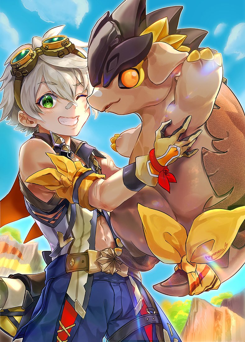 「人懐っこいやつだなぁ。ベニー冒険団に入るか？」
・・・なベネットとテペトル竜🔥

#原神