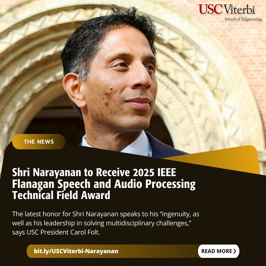 Congratulations to <a href="/USCViterbi/">USC Viterbi School</a>'s Shri Narayanan on his 2025 <a href="/IEEEorg/">IEEE</a>  Flanagan Speech and Audio Processing Award! His pioneering work in speech, language, and emotion recognition is transforming #AI, #engineering, and human communication: bit.ly/USCViterbi-Nar… #IEEEAwards2025