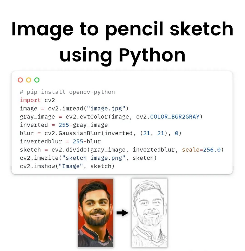 Python_Dv's tweet image. Image to pencil sketch using Python
#python #datascience #machinelearning #deeplearning #ai #artificialintelligence #programming #developer #softwaredeveloper #computerscience