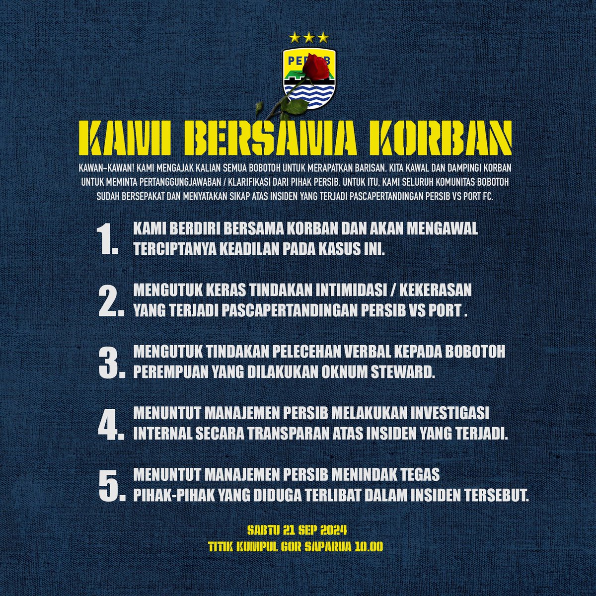 Sampai bertemu di Saparua besok kawan-kawan, kita dampingi korban dan meminta klarifikasi dari manajemen <a href="/persib/">PERSIB</a> atas insiden yang terjadi kemarin!