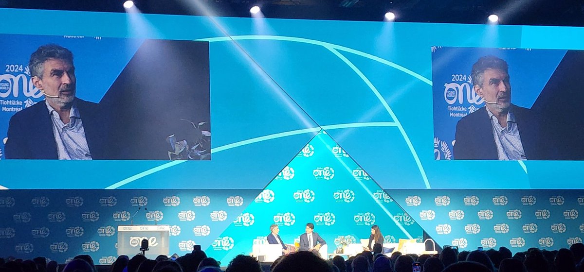 Yoshua Bengio, Valerie Pisano, and Justin Trudeau discussing Canada's position for the future of AI 😍 
<a href="/OneYoungWorld/">One Young World</a> #OYW2024