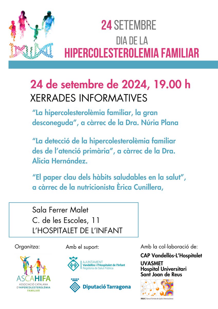 ascahifa's tweet photo. Dia internacional de la Hipercolesterolèmia Familiar el proper 24 de septembre. 
Xerrades informatives a L’Hospitalet de L’infant. https://t.co/xBtEc7dltY
