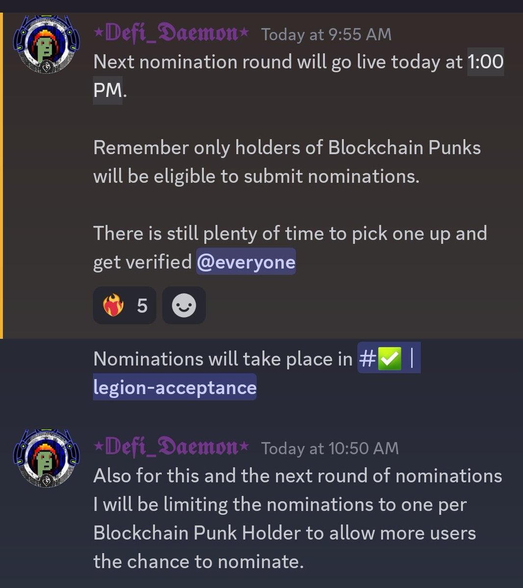 LegionofDegens's tweet image. The second round of nominations will go live at 1 pm central time. The nomination will take place inside the Legion discord. Only #BlockchainPunks will be eligible to nominate and will be restricted to one nomination per holder.

Excited to see what yall select!

#NFT #XRPL #OCOC