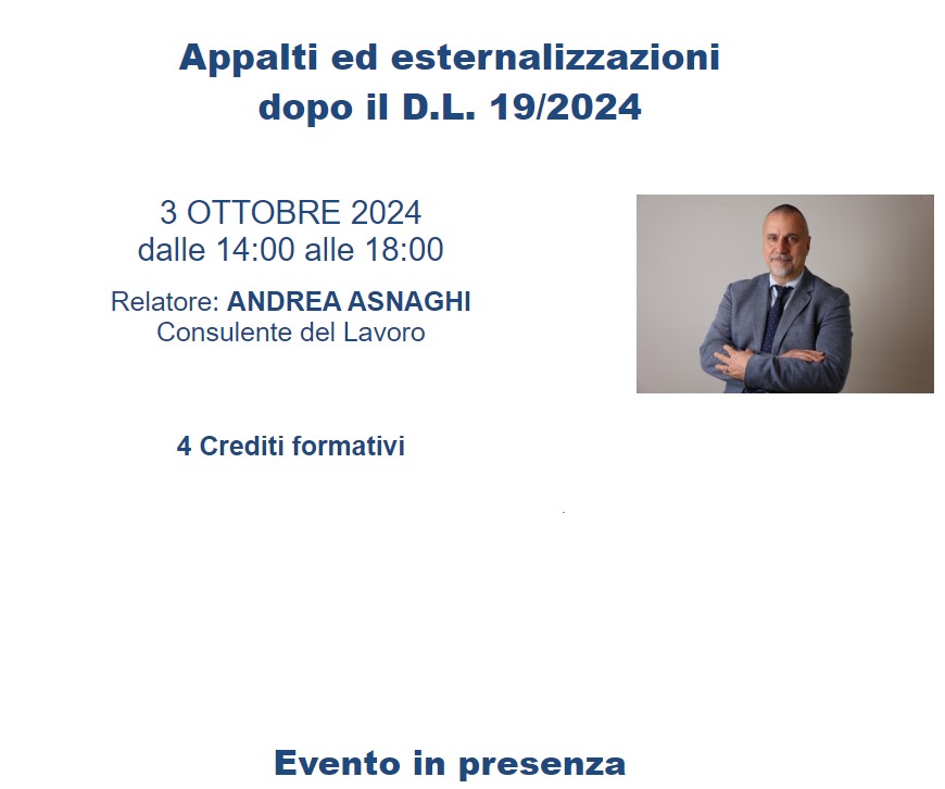 🔴APPALTI ED ESTERNALIZZAZIONI DOPO IL D.L. 19/2024 
📅3 OTTOBRE 2024
🕝14 - 18
🧑🏻‍🏫Relatore: <a href="/AsnaghiAndrea/">andrea asnaghi</a>, Consulente del Lavoro
Evento in presenza 
Per dettagli su contenuti e costo, consultare la locandina
➡️ ancl.sgapro.it/locandina_cors…
#FormazioneAnclMilano a cura di <a href="/ancl_mi/">ANCL UP Milano</a>