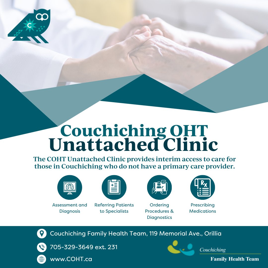 🎉Exciting news! The Couchiching #OHT Unattached Clinic is now open to serve patients without a primary care provider! Led by Nurse Practitioners, the clinic offers comprehensive care, same-day appointments, and more. 📍119 Memorial Ave, Orillia. Call 705-329-3649 ext. 231