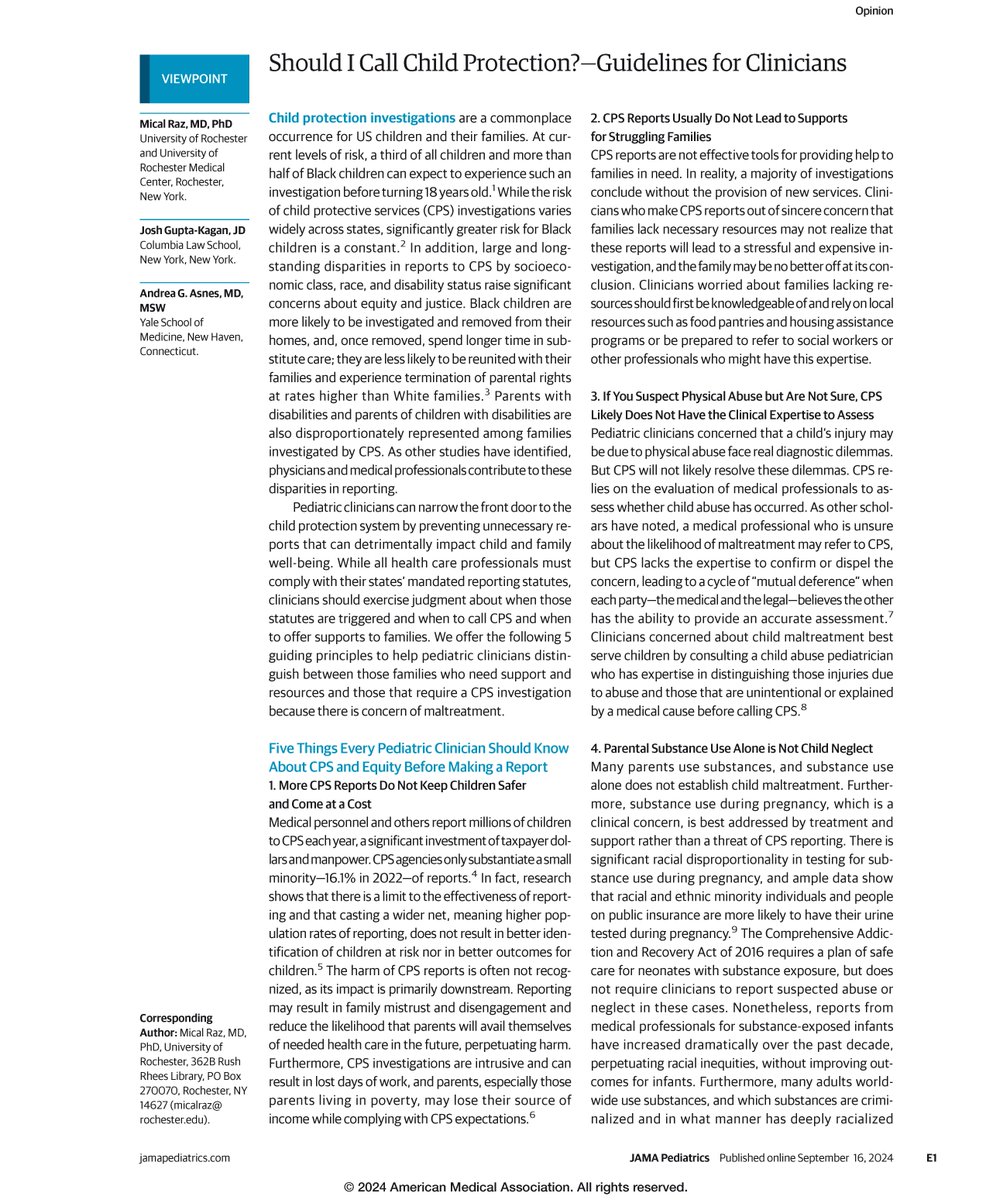 JAMA Pediatrics (@jamapediatrics) on Twitter photo Should I call child protection services? This Viewpoint from @Mical_Raz, <a href="/JoshGuptaKagan/">Josh Gupta-Kagan</a>, and Andrea Asnes discusses five things every pediatric clinician should know about CPS and equity before making a report. ja.ma/4et5kpj Should I call child protection services? This Viewpoint from @Mical_Raz, <a href="/JoshGuptaKagan/">Josh Gupta-Kagan</a>, and Andrea Asnes discusses five things every pediatric clinician should know about CPS and equity before making a report. ja.ma/4et5kpj