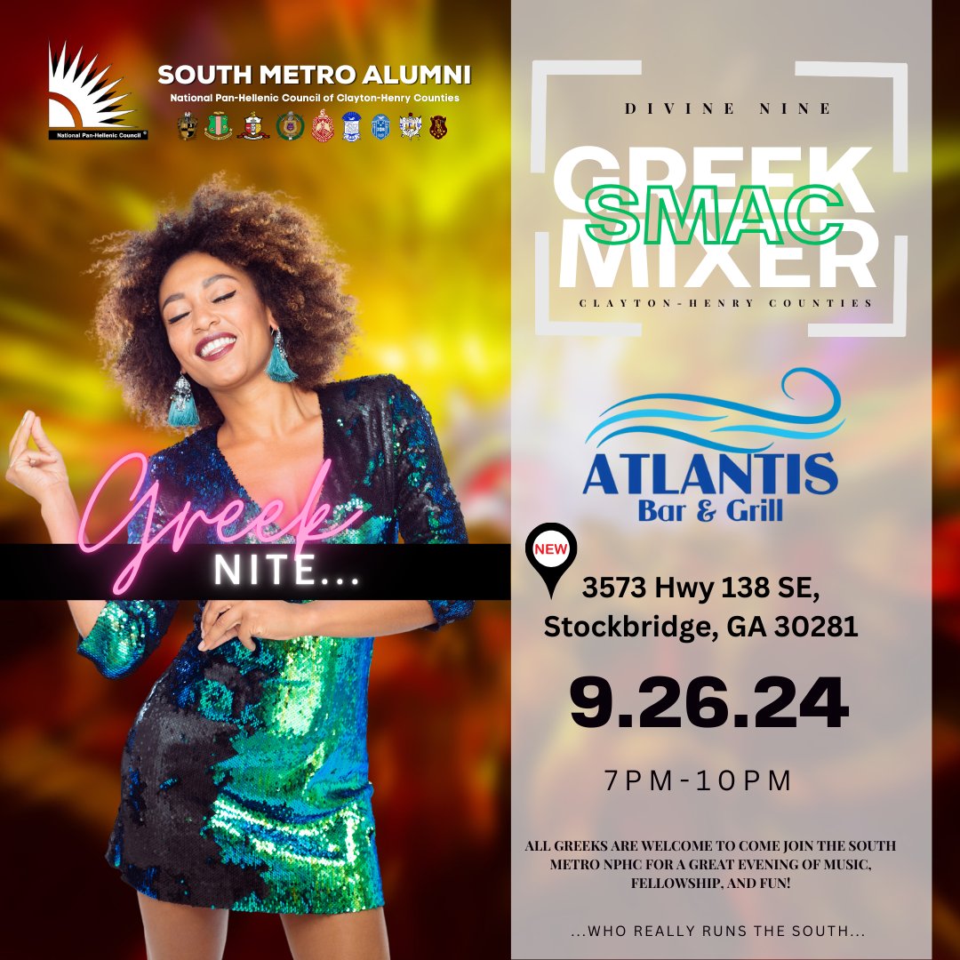 📢 LOCATION UPDATE 📢

The Clayton-Henry NPHC Greek Mixer will now be at Atlantis Bar &amp; Grill on 9/26 at 7:00 PM! 🎉 Join us for a night of networking and fun with fellow Greeks! Spread the word! 🙌💙 #NPHC #GreekMixer #ClaytonHenry #Networking #AtlantisBarAndGrill