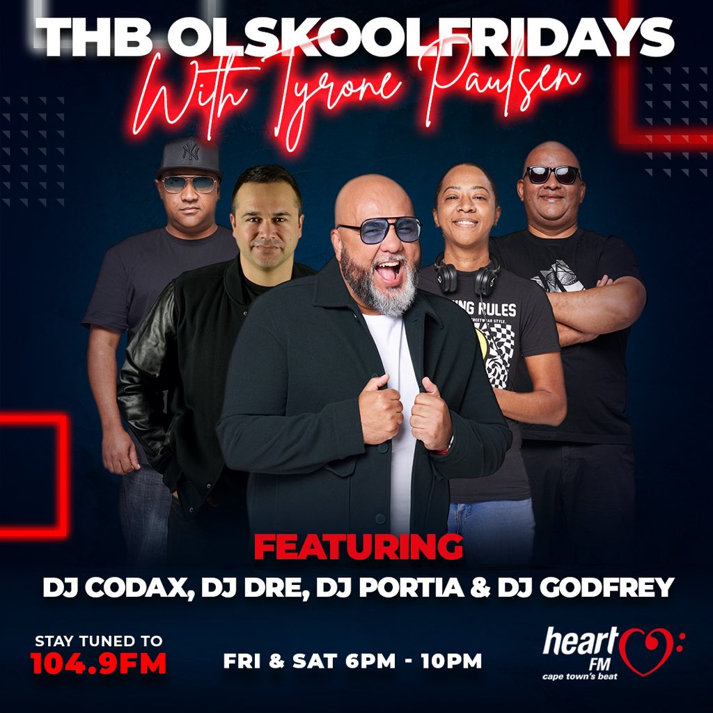 tyronepaulsen's tweet photo. Time to get the Weekend started with #4HrsofOlSkool LIVE from the @Heart1049FM @sun_grandwest studios, its time for #THBOlSkoolFridays with me, @DjCodax #djPORTIA @DjDre_SA #DeeJayGodfrey & YOU. Tune In, Make it Loud & #dancelikenobodyswatching into YOUR WEEKEND #waasitLEKKA https://t.co/PG7Aejlwk1