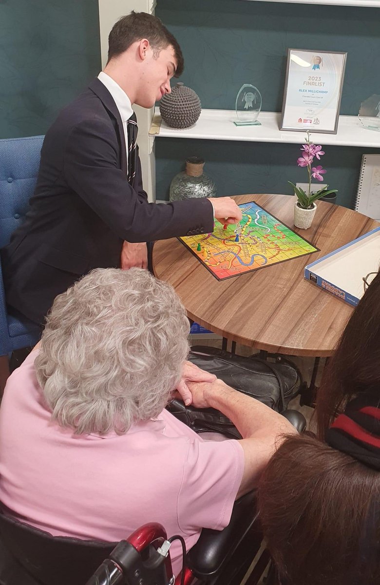 Two of our School Monitors - Deputy Head of School Ffion playing the piano and Head of School Jack playing a board game - at a local care home. 

As part of Bromsgrove Service, students regularly visit residents of Chandler Court. 

#BromsService #LocalCommunity