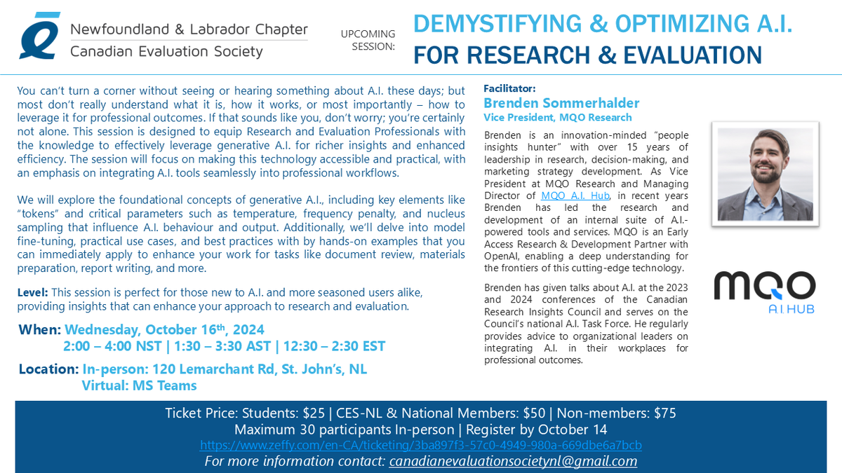 We’re thrilled to announce our upcoming professional development session: Demystifying &amp; Optimizing A.I. for Research &amp; Evaluation. 
You won’t want to miss this one! Get your tickets today: zeffy.com/en-CA/ticketin…
