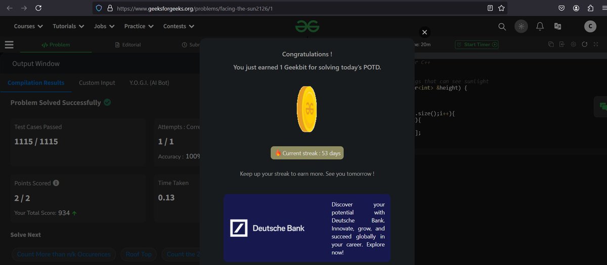 codewithme208's tweet image. 10 days down, 11 to go! 💪 Every problem solved is a step closer to mastery. Who else is on this journey with me? #geekstreak2024 #CodingChallenge @geeksforgeeks @DeutscheBank