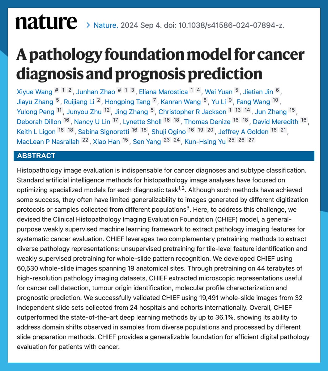 Dana-Farber’s Breast Oncology Center (@dfci_breastonc) on Twitter photo New <a href="/Nature/">nature</a> research paper: A pathology foundation model for cancer diagnosis and prognosis prediction.
<a href="/kunhsingyu/">Kun-Hsing Yu</a> <a href="/nlinmd/">Nancy Lin, MD</a> <a href="/ElianaMarostica/">Eliana Marostica</a> <a href="/lmsholl/">Lynette Sholl</a>
<a href="/NeuropathDM/">David Meredith</a> <a href="/shuji_ogino/">Shuji Ogino</a>
pubmed.ncbi.nlm.nih.gov/39232164/ New <a href="/Nature/">nature</a> research paper: A pathology foundation model for cancer diagnosis and prognosis prediction.
<a href="/kunhsingyu/">Kun-Hsing Yu</a> <a href="/nlinmd/">Nancy Lin, MD</a> <a href="/ElianaMarostica/">Eliana Marostica</a> <a href="/lmsholl/">Lynette Sholl</a>
<a href="/NeuropathDM/">David Meredith</a> <a href="/shuji_ogino/">Shuji Ogino</a>
pubmed.ncbi.nlm.nih.gov/39232164/