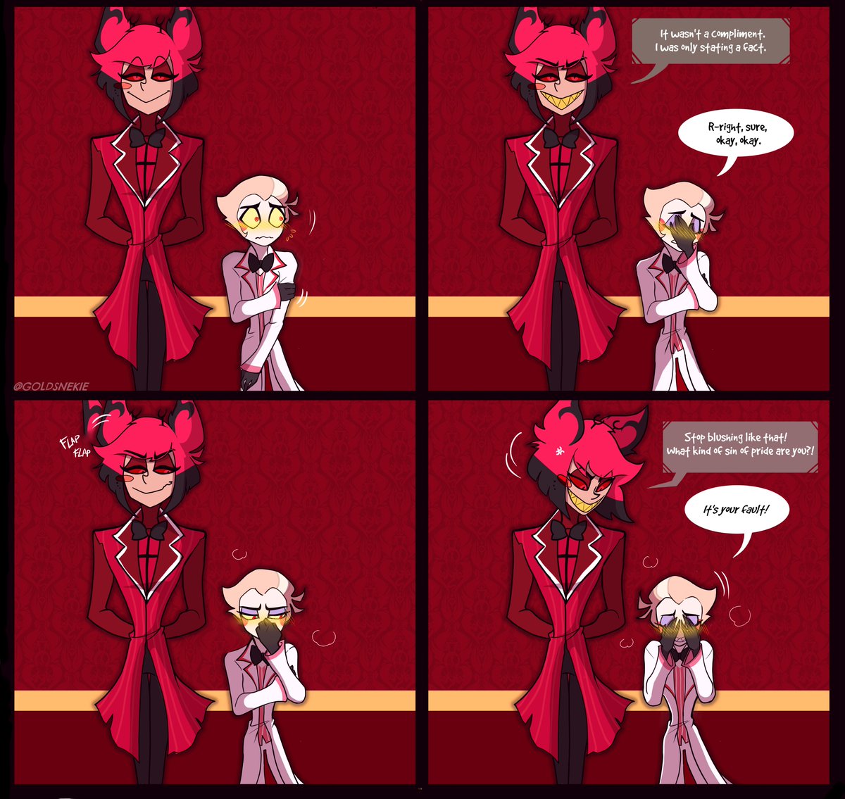 Compliments overload.  Luci.exe has stopped working. 
Plz restart your fallen angel.
 (Alastor broke him again😋)
#radioapple #HazbinHotel