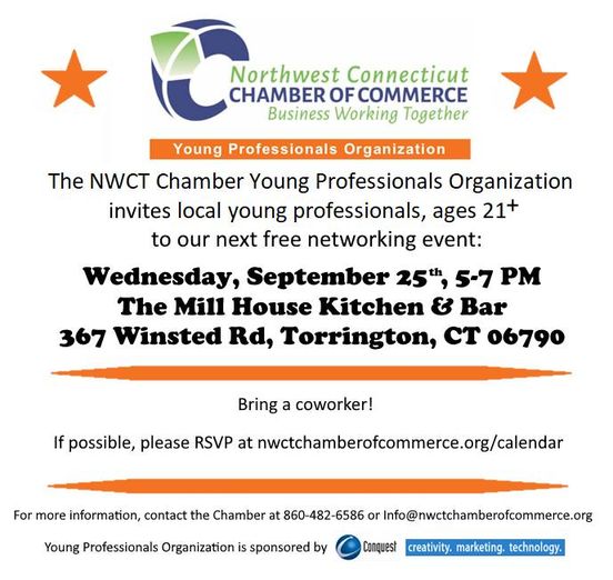Join us for a fun networking event at The Mill House Kitchen &amp; Bar in Torrington.  RSVP Here: nwctchamberofcommerce.org/.../young.../
For more information, contact the Chamber at 860-482-6586 or email info@nwctchamberofcommerce.org.