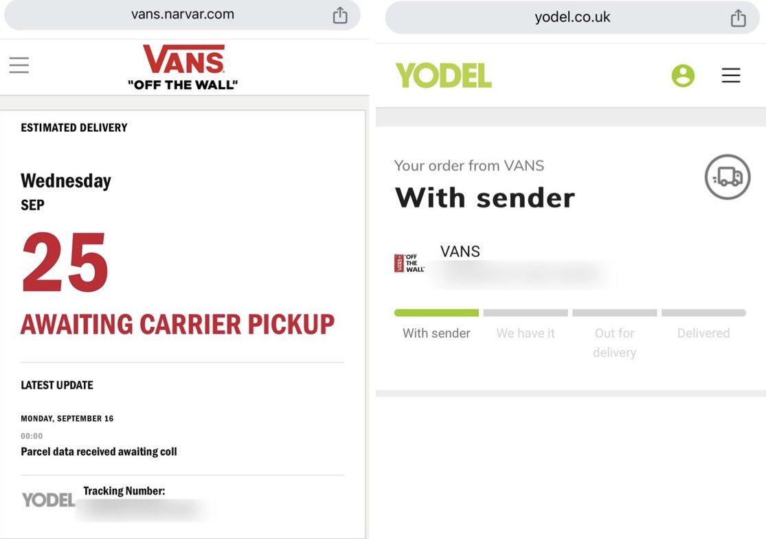 Last time I bought from <a href="/Vans/">Vans</a> <a href="/VANS_Europe/">VANS Europe</a>, <a href="/YodelOnline/">Yodel by InPost Delivery Network</a> lost my parcel for about a month. This time it’s been a week and they haven’t bothered to pick it up for delivery. <a href="/YODELhell/">YODELhell</a> #kinuseless
