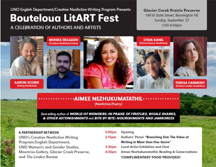 Come check out the third annual Bouteloua LitART Fest this Sunday (Sept. 22) at Glacier Creek Prairie! We will be handing out bookmarks and stickers!

At the Fest, there will be a panel, a local artist exhibition, and a reading and conversation with Aimee Nezhukumatathil.