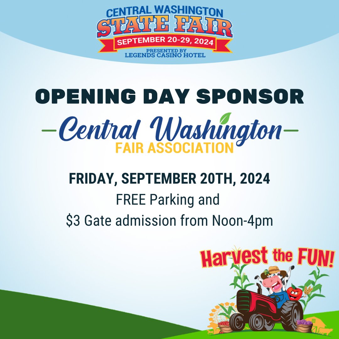 TODAY IS OPENING DAY OF THE CENTRAL WASHINGTON STATE FAIR!!🎡🎟️🐮🍎

Thanks to our day sponsor, the Central Washington Fair Association Foundation, you will enjoy
FREE Parking and $3 Gate admission from Noon-4pm