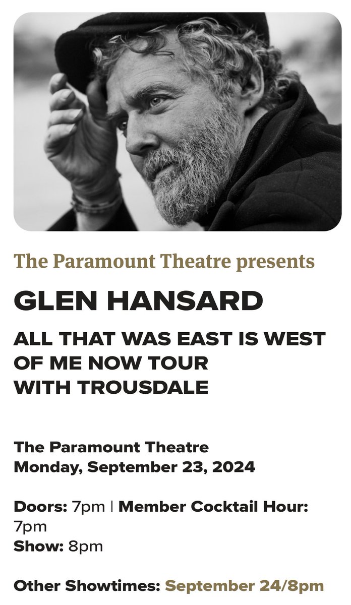 Glen Hansard (@glen_hansard) on Twitter photo Austin! 2 shows coming up this Monday & Tuesday at <a href="/ParamountAustin/">Paramount Theatre</a>! Tickets here tickets.austintheatre.org/10734 Austin! 2 shows coming up this Monday & Tuesday at <a href="/ParamountAustin/">Paramount Theatre</a>! Tickets here tickets.austintheatre.org/10734