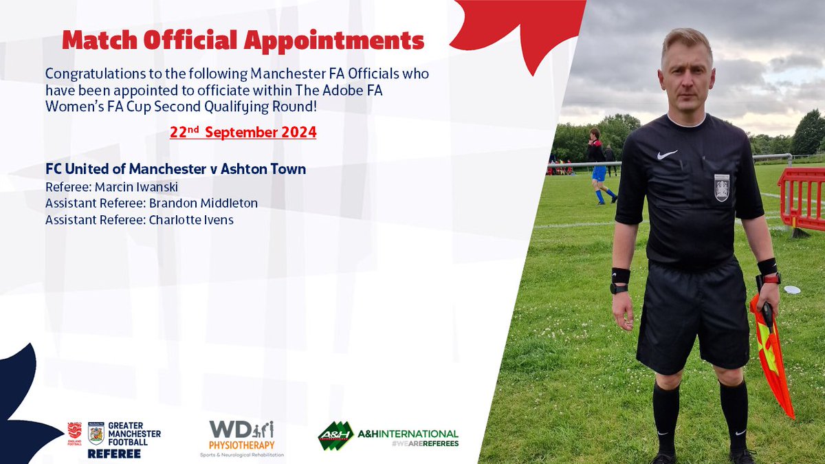 REFEREE APPOINTMENTS | ⚽️

Congratulations to the following Manchester FA Match Officials who have been appointed to The Isuzu FA Vase Second Qualifying Round and The Adobe FA Women's Cup Second Qualifying Round!