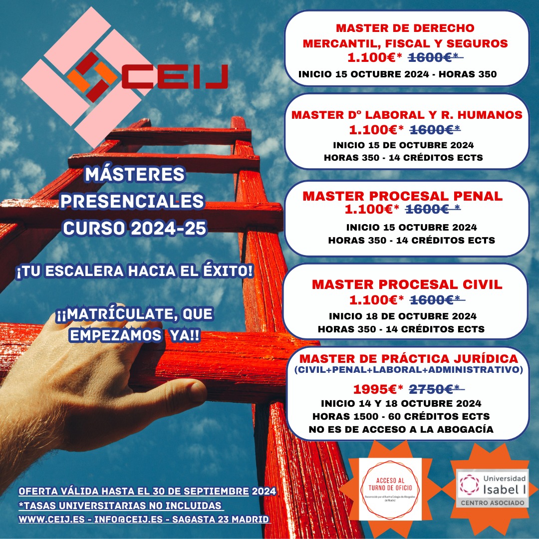 Ceijformacion's tweet photo. Sacamos LA PENÚLTIMA OFERTA de absoluta locura en formación OFICIAL del ICAM, y ojo... con créditos ECTS de la Universidad Isabel I.

¡Solo para matriculas antes del 30 de septiembre!

#abogados #icam #turnodeoficio #abogacia #ceij #vacelar #formacion #master https://t.co/fOYpXrSAvp