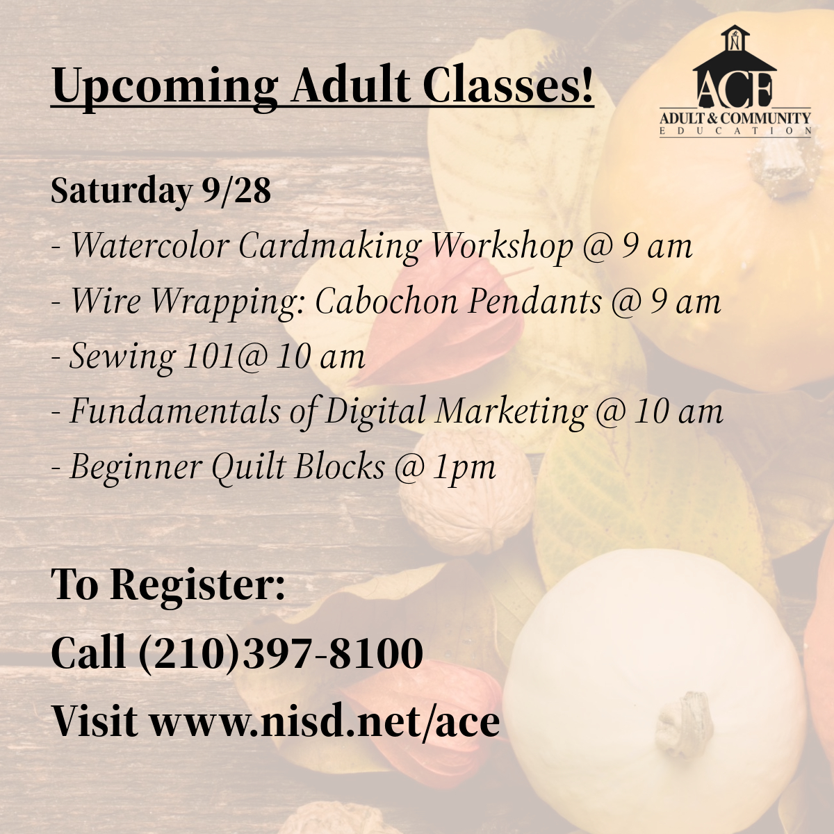 NISD_ComEd's tweet photo. ๐โจ Ready to learn something new? Join our adult classes at NISD Community Education! Weโve got something for everyone. ๐จ๐ณ๐ป
Sign up today! Call ๐ 210-397-8100 or visit ๐ป https://t.co/vtBUrssxjL to register. Donโt miss out! #communityeducation #nisdace #learnforlife https://t.co/Zo42RbytDt