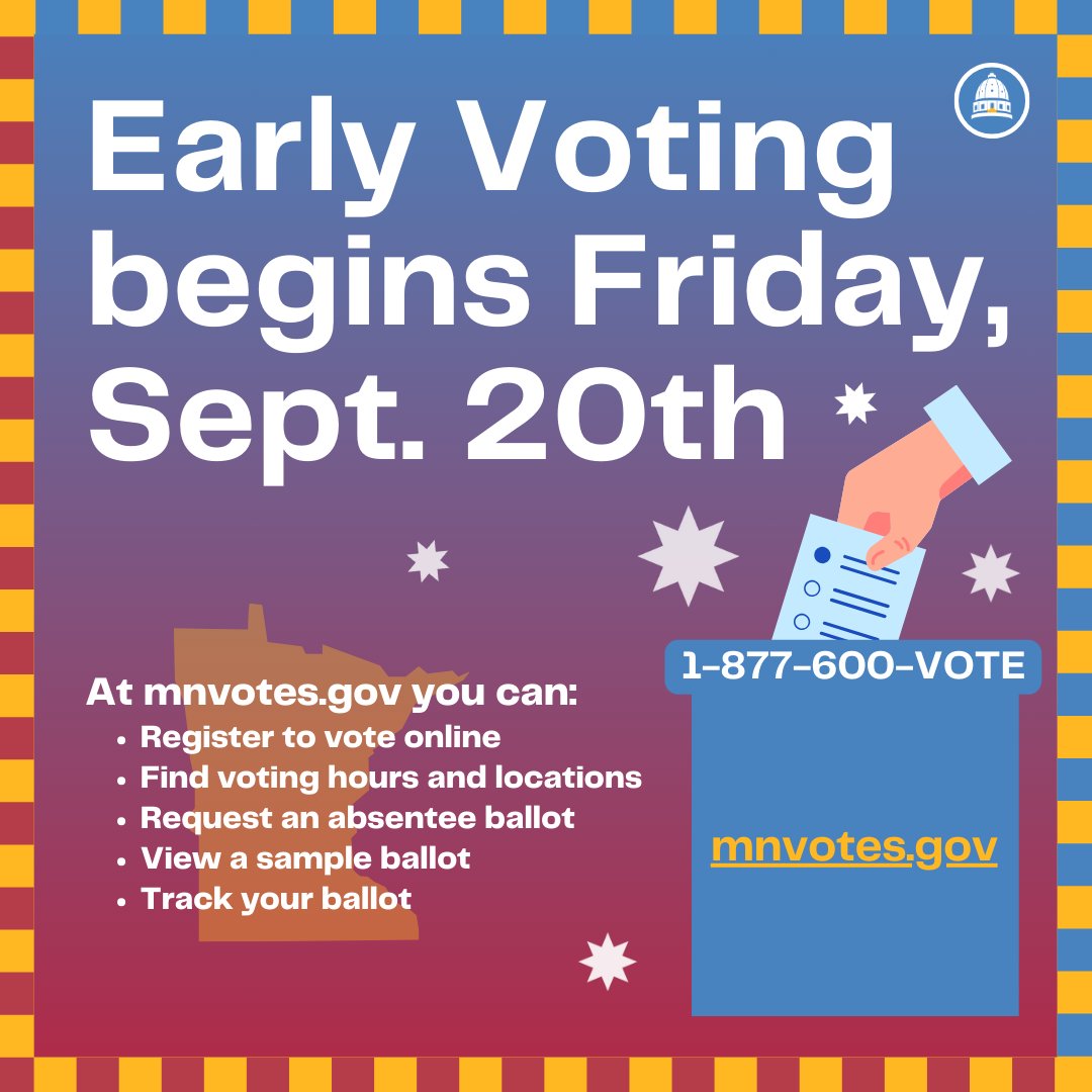 Early voting starts today! This is a great opportunity to check your voter registration, request an absentee ballot, or view a sample ballot! Voting is one of our most important rights and responsibilities. Take action today to plan your vote! 
#mnleg