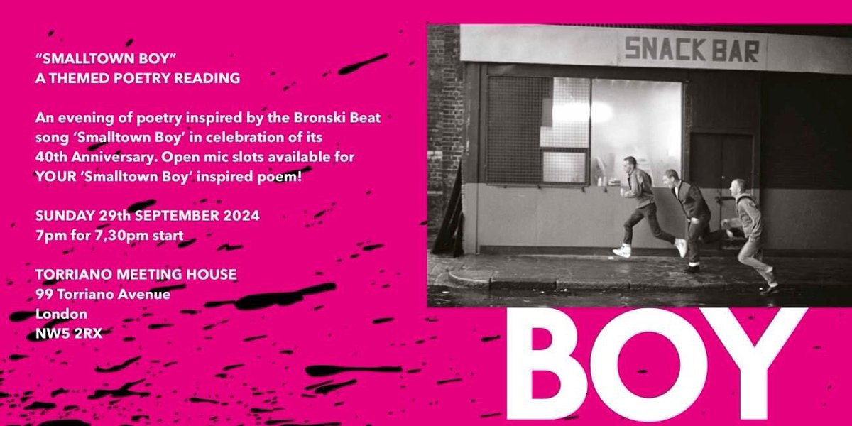 Barney Ashton-Bullock (@barney_poet) on Twitter photo There’s a <a href="/bronskibeatband/">Bronski Beat</a> ‘Smalltown Boy’ themed poetry evening <a href="/torriano_poetry/">Torriano Meeting House</a> (North London) on Sunday 29th Sept with <a href="/LisaDMKelly/">Lisa Kelly</a> and I reading poetry from the recent <a href="/SWG3glasgow/">SWG3</a> art show with an open mic for your ‘Smalltown Boy’ / Bronski Beat themed poems! 😃🙌🏻 There’s a <a href="/bronskibeatband/">Bronski Beat</a> ‘Smalltown Boy’ themed poetry evening <a href="/torriano_poetry/">Torriano Meeting House</a> (North London) on Sunday 29th Sept with <a href="/LisaDMKelly/">Lisa Kelly</a> and I reading poetry from the recent <a href="/SWG3glasgow/">SWG3</a> art show with an open mic for your ‘Smalltown Boy’ / Bronski Beat themed poems! 😃🙌🏻