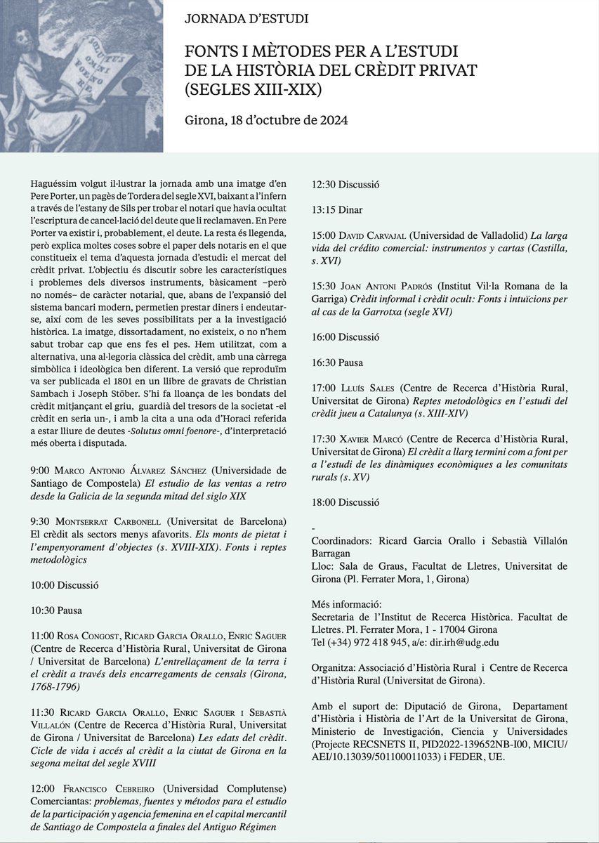 Àlex (@amgiralt) on Twitter photo L'Associació d'Història Rural i el <a href="/CRHR_UdG/">Centre de Recerca d'Història Rural - UdG</a> organitzen la Jornada d'Estudi "Fonts i mètodes per a l'estudi de la història del crèdit privat (segles XIII-XIX)", que tindrà lloc a la <a href="/UdGLletres/">Facultat de Lletres UdG</a> el divendres 18 d'octubre de 2024. Coordinen Ricard Garcia Orallo i Sebastià Villalón. L'Associació d'Història Rural i el <a href="/CRHR_UdG/">Centre de Recerca d'Història Rural - UdG</a> organitzen la Jornada d'Estudi "Fonts i mètodes per a l'estudi de la història del crèdit privat (segles XIII-XIX)", que tindrà lloc a la <a href="/UdGLletres/">Facultat de Lletres UdG</a> el divendres 18 d'octubre de 2024. Coordinen Ricard Garcia Orallo i Sebastià Villalón.