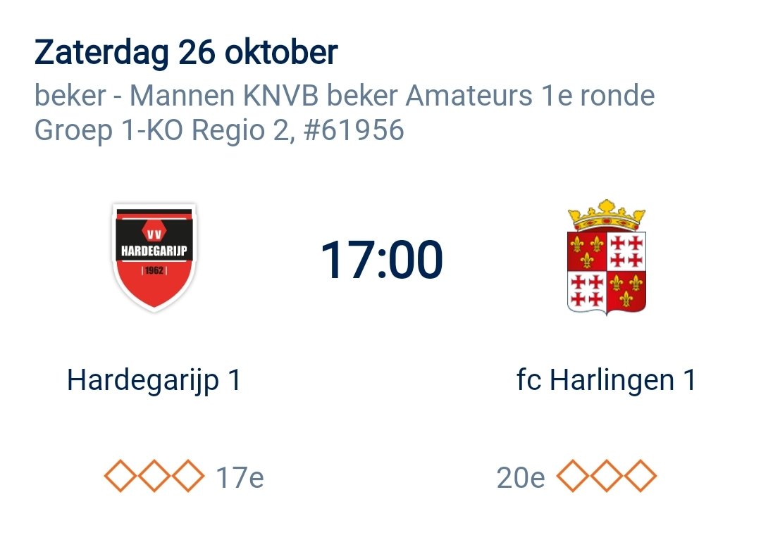 Loting 1e K.O. ronde knvb-beker:
fc Harlingen 1 neemt het in een uitwedstrijd op tegen 3e klasser zaterdag <a href="/vvHardegarijp1/">VV HARDEGARIJP 1</a>  
Datum: za 26 okt, aanvang 17.00 uur.
#knvbbeker #fcharlingen
