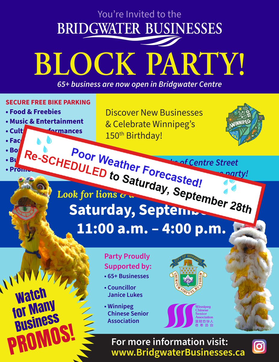 RE-SCHEDULED:  Bridgwater Businesses Block Party is being Re-Scheduled to NEXT Saturday September 28th! 

Tomorrow’s weather forecast for a block part is not ideal!  Please share ! We have a great party planned -for NEXT weekend!