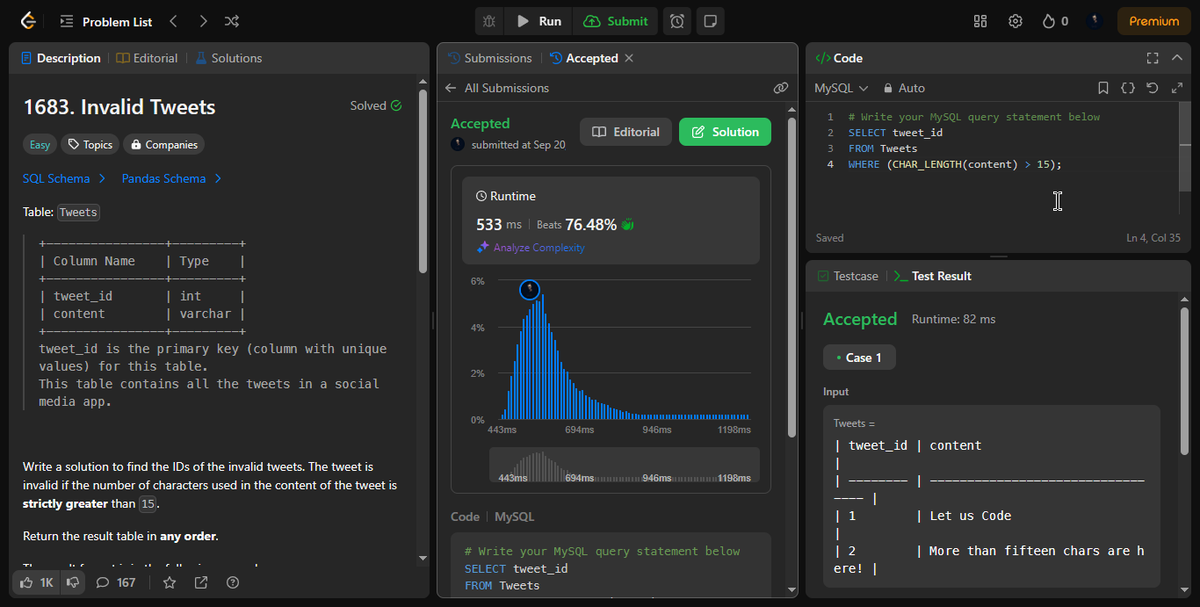 ankurdas1998's tweet photo. SQL Journey Update:
Learned DISTINCT, CHAR_LENGTH, and ORDER BY.
Problems solved:
► 511. Game Play Analysis I
► 1148. Article Views I
► 1683. Invalid Tweets
#SQL #LeetCode #TechLearning #ProblemSolving #LearnAndGrow https://t.co/uEucTDChPQ