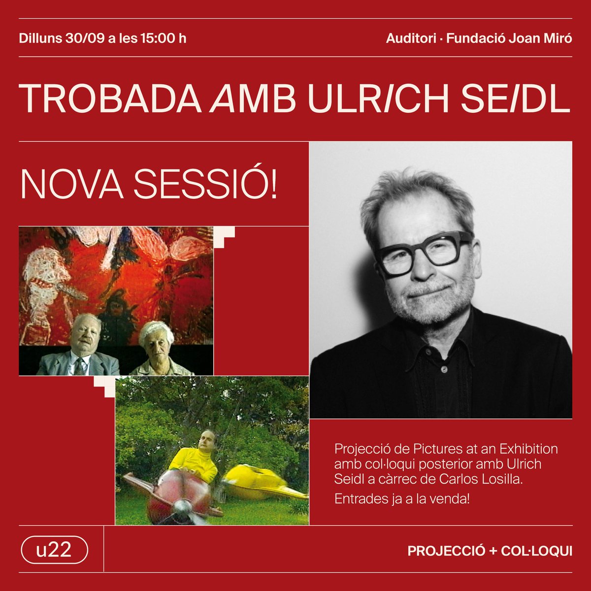 🚨OBRIM NOVA SESSIÓ AMB ULRICH SEIDL I CARLOS LOSILLA🚨

📅 Dilluns 30, nova projecció de Pictures at an Exhibition dins el programa de l’u22. Reflexions sobre art, sexualitat i mort amb la primera col·laboració de Seidl i Veronika Franz.

📍 Auditori <a href="/fundaciomiro/">Fundació Joan Miró, Barcelona</a>