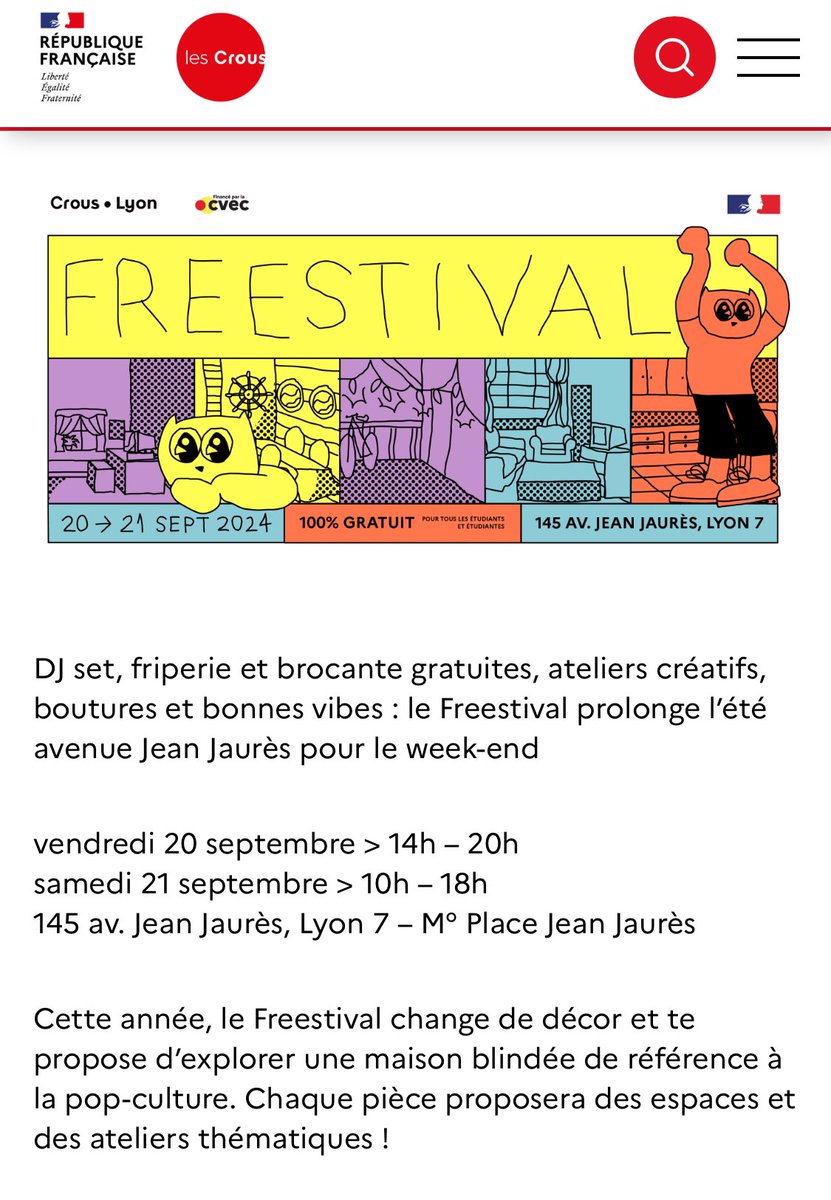 Lancement du #Freestival du <a href="/CrousLyon/">Crous Lyon</a> 
Pendant 2 jours le Crous propose des animations gratuites dédiées à la culture et au bien-être de nos étudiants. Déjà 1500 jeunes accueillis en 4h !
Un grand merci aux équipes engagées dans ce superbe projet