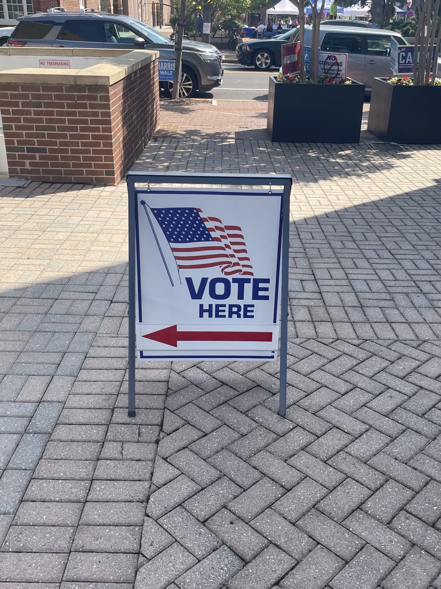 KrisBalderston's tweet photo. Today is the first day to vote in Virginia. Did not want to waste a minute to cast my ballot for Harris/Walz and to save our democracy!  A lot of people voting but the line moves quickly. https://t.co/e7JlQyv6NV