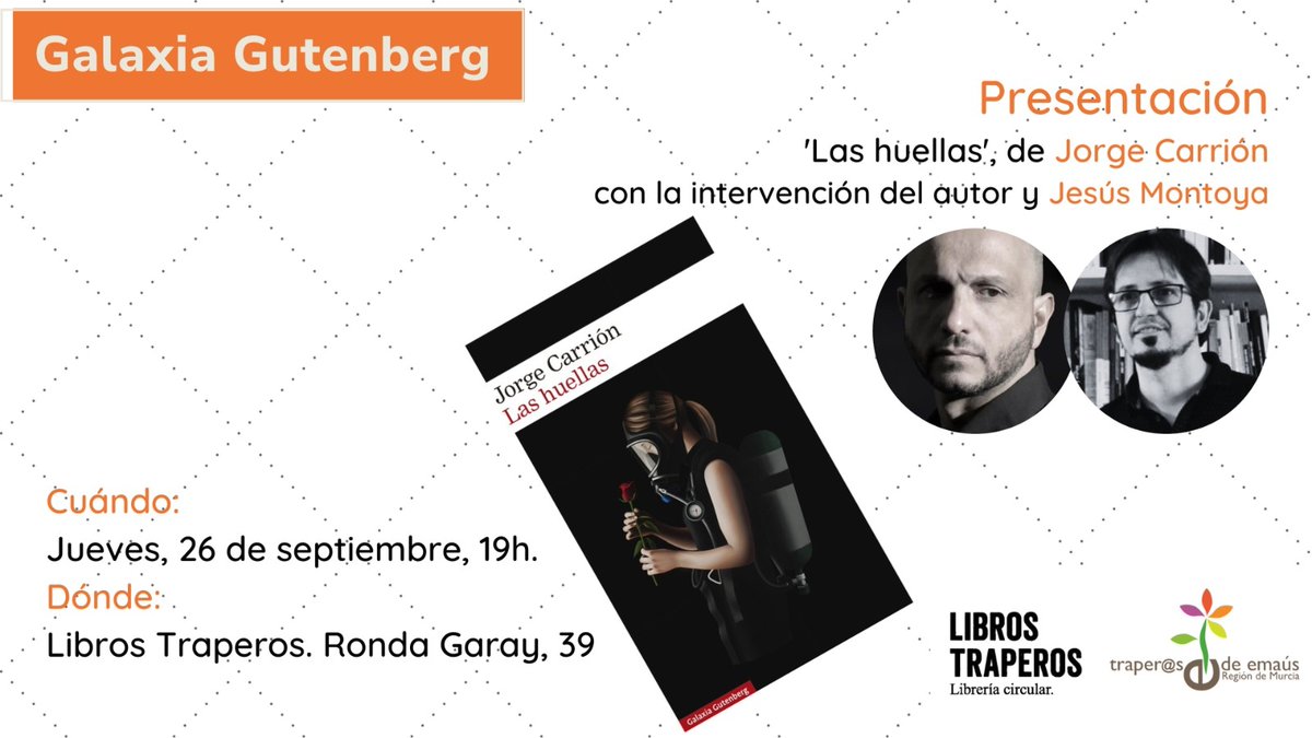 Este jueves. Os esperamos. <a href="/G_Gutenberg/">Galaxia Gutenberg</a> <a href="/jorgecarrion21/">Jorge Carrión</a> #lashuellas #Murcia