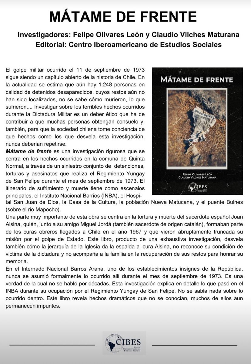 jmcanales's tweet image. #MatameDeFrente es un trabajo presentado en Chile y España, en conmemoración de los #50AñosDelGolpe Sus autores son dos jóvenes cientistas políticos: Felipe Olivares y Claudio Vilches. Editado por @GrupoCibes Aquí dejo reseñas…

grupocibes.org/noticia/nuevo-…

Ejemplares disponibles 📚