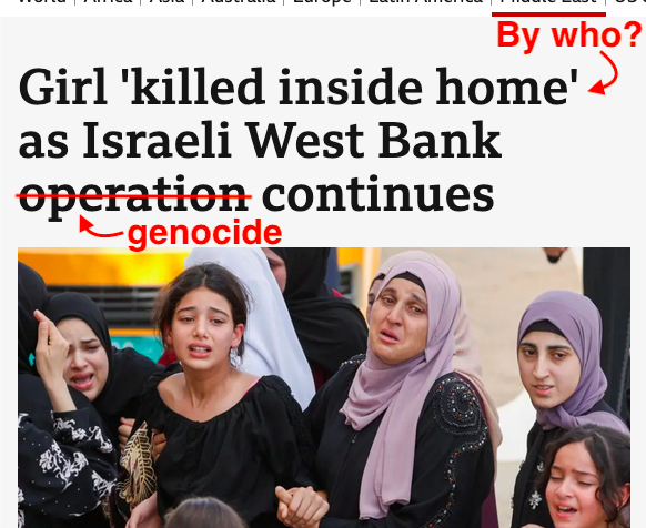 AlanRMacLeod's tweet photo. An Israeli sniper shot a child in the head in her own home.

But you wouldn't know that from this @BBCWorld headline. https://t.co/JW8ZJbL5ZV