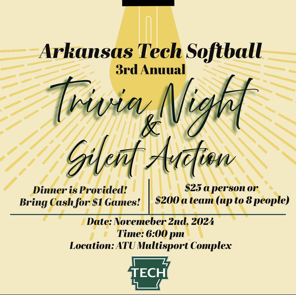 Calling all Trivia Buffs 📣 

Join us for our 3rd Annual Trivia Night and challenge your knowledge while supporting ATU Softball! 💚 

How to sign up- Find an ATU Softball Player 
Or email Coach Kailey: khilderbrand@atu.edu

We hope to see you there! ☀️