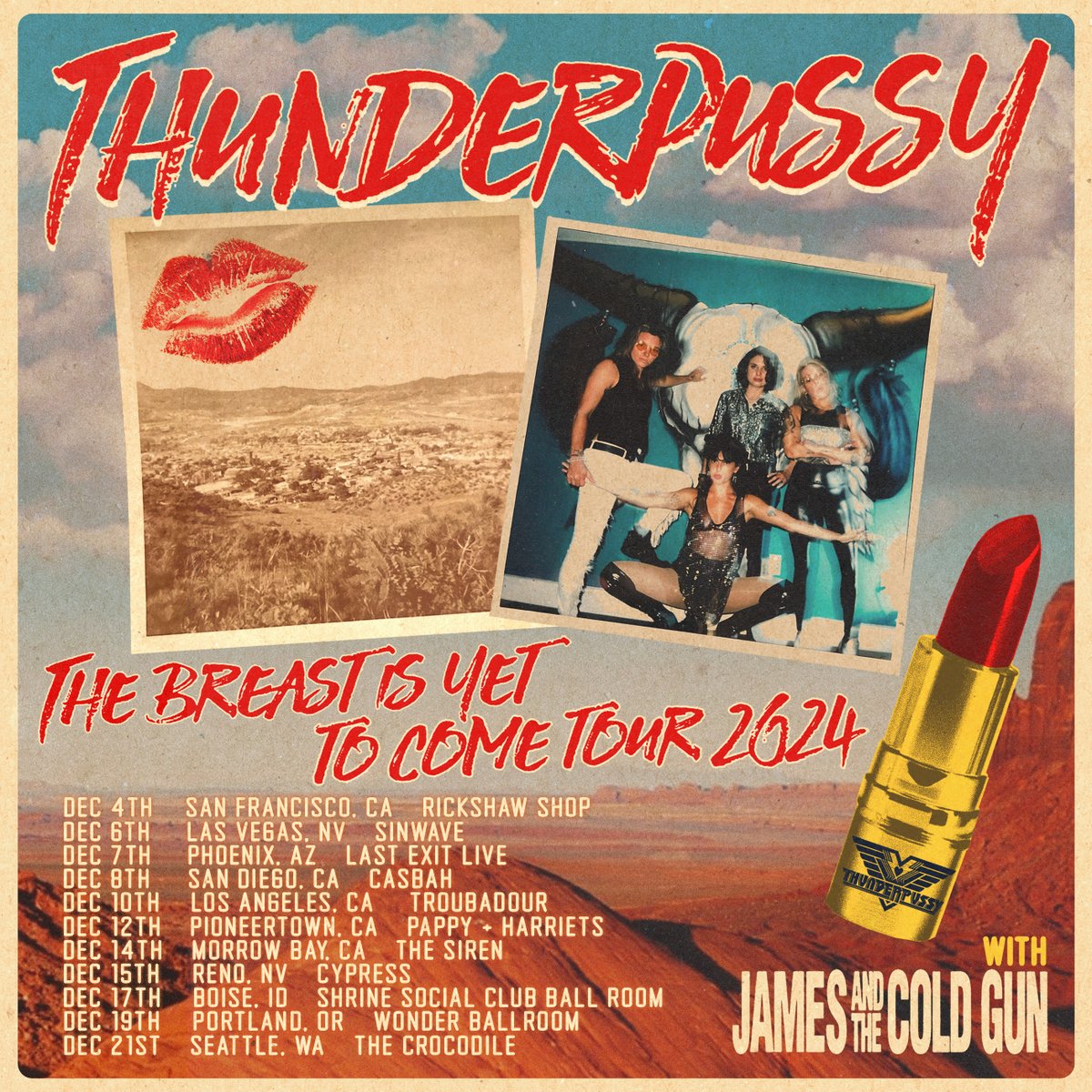 JAMES AND THE COLD GUN (@andthecoldgun_) on Twitter photo WE'RE VERY EXCITED TO BE RETURNING TO AMERICA WITH SEATTLE'S ROCK 'N' ROLL QUEENS <a href="/thunderpussy/">⚡️THUNDERPUSSY®️⚡️</a> FOR A RUN OF DATES ALONG THE WEST COAST!
WHO WILL WE BE SEEING?
TICKETS ON SALE NOW: JAMESANDTHECOLDGUN.COM WE'RE VERY EXCITED TO BE RETURNING TO AMERICA WITH SEATTLE'S ROCK 'N' ROLL QUEENS <a href="/thunderpussy/">⚡️THUNDERPUSSY®️⚡️</a> FOR A RUN OF DATES ALONG THE WEST COAST!
WHO WILL WE BE SEEING?
TICKETS ON SALE NOW: JAMESANDTHECOLDGUN.COM